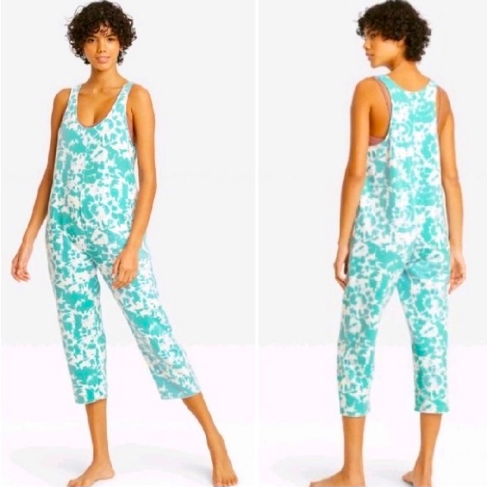 COLSIE Fleece Tie Dye Turquoise & White Pull On Lounge Jumpsuit. Size S